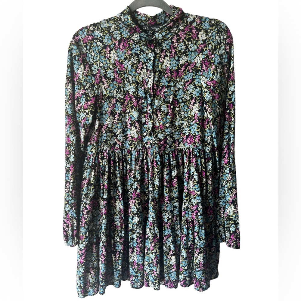 ZARA Black Ditzy Floral Collared Tiered Shirt Dress Size S